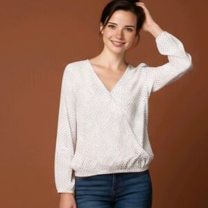 White V-Neck Blouse with Dotted Pattern